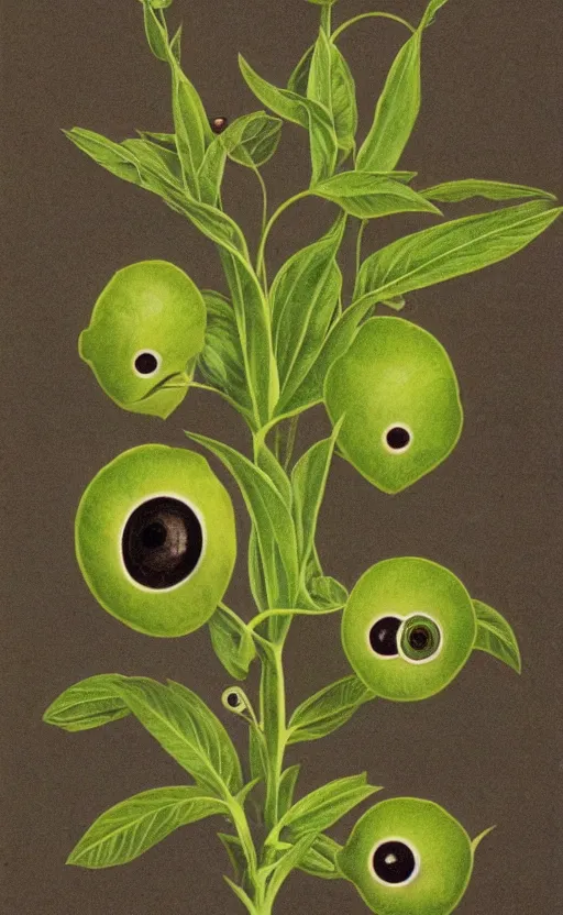 Prompt: scientific botanical illustration of a green plant with eyeballs instead of flowers