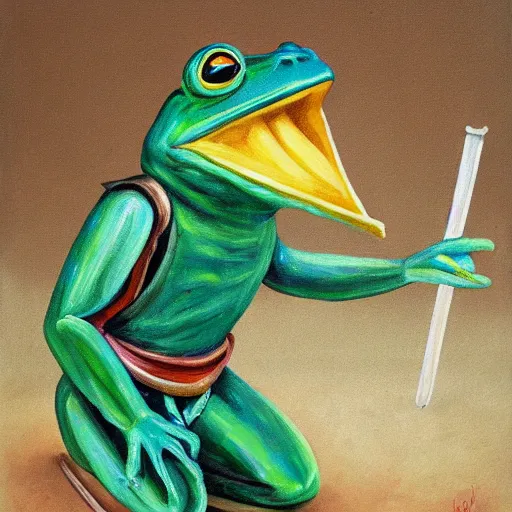 Image similar to frog wearing knight armor, painting