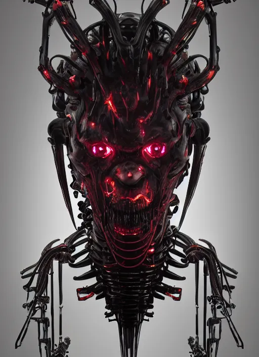 Image similar to a portrait up of a creepy looking biomechanical demon head, gigeresque cyberpunk art by ikuo hirayama, photorealism, octane render, behance hd, polycount, glowing fire background