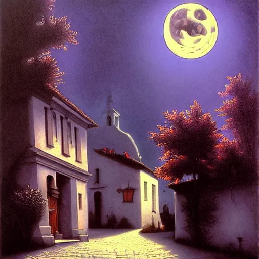 Prompt: in the style of gerald brom, caravaggio, beautiful small town, houses and buildings, 1 8 0 0 s, cobblestone roads, low light, purple and blue skies, low moon, trees, forest in the distance, light mist