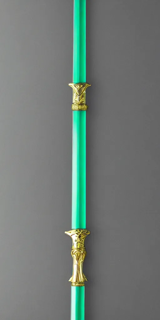 Image similar to photograph of a wide green and teal crystal sword with a big gold sword hilt