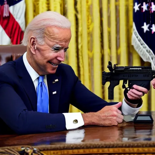 Image similar to joe biden foaming at the mouth, in the oval office, when a 3 d printed ar - 1 5 is shown to him. 4 k, hd, photo taken by press cameras.