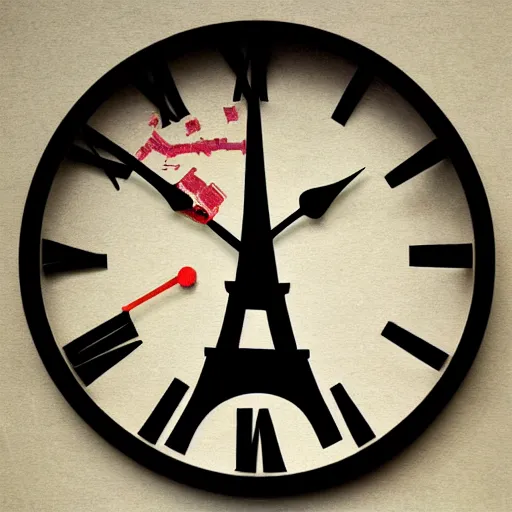Prompt: a clock with eiffel tower as hours hands