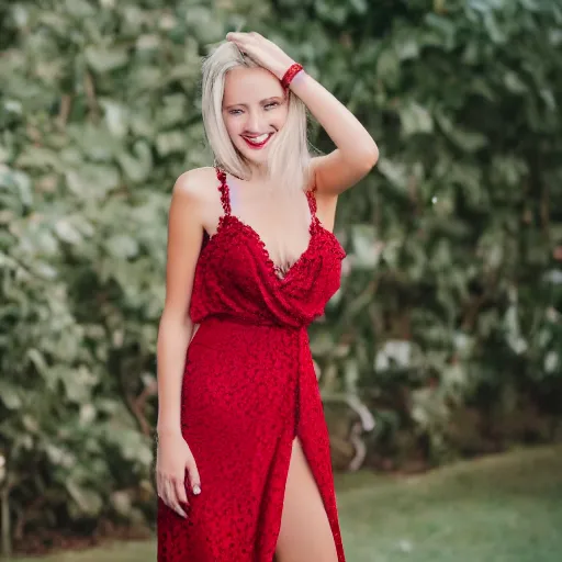 Image similar to photo of slim girl model, blonde, smiling , 20yo, wearing a red dress with high slit, high detail, studio, sharp, 85mm sigma art lens