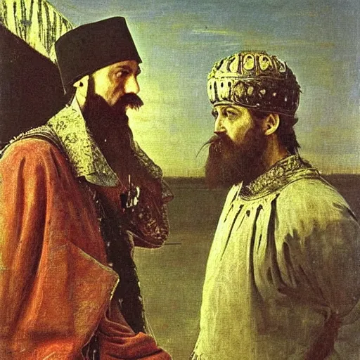 Prompt: ivan the terrible and his son ivan, painting by ilya repin, extremely detailed, oil on canvas