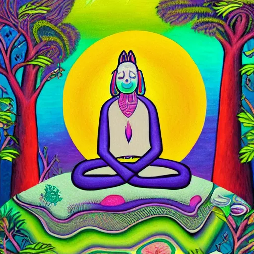 Image similar to an anthromorphic wolf man meditating in a zen garden, by amanda clark and lisa frank in a psychedelic style, oil on canvas