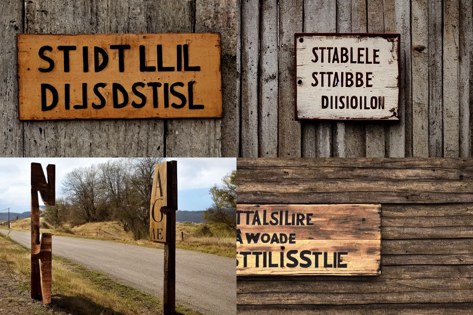 Prompt: A rustic wooden sign along the side of the road that reads, \'Stable Diffusion.\'