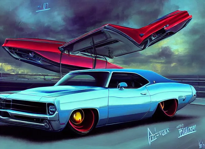 Image similar to lowrider muscle car fantasy of the future, art by alejandro burdisio