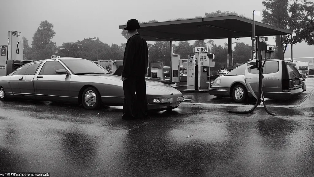 Image similar to late night at a gas station, rain pouring down, a man stands outside pumping gas into his car, a hearse is next to his car, he glances over and sees bright red eyes glaring from the driver ’ s seat