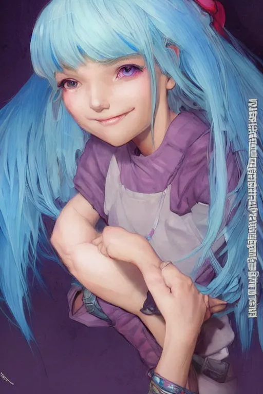 Image similar to a little gamergirl with a laughing face and short!! light colorful blue hair. she is dressed as gamergirl in her room, painting, beautiful detailed face. by artgerm and greg rutkowski and alphonse mucha