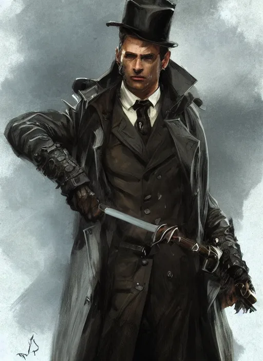 Image similar to portrait of a detective wearing trench coat and smoking puro, holding a sword, victorian, concept art, detailed face, fantasy, close up face, highly detailed, cinematic lighting, digital art painting by greg rutkowski