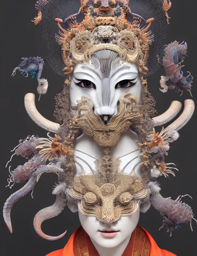 Image similar to 3 d goddess close - up frontal portrait with ram skull. beautiful intricately detailed japanese crow kitsune mask and clasical japanese kimono. betta fish, jellyfish phoenix, bio luminescent, plasma, ice, water, wind, creature, artwork by tooth wu and wlop and beeple and greg rutkowski