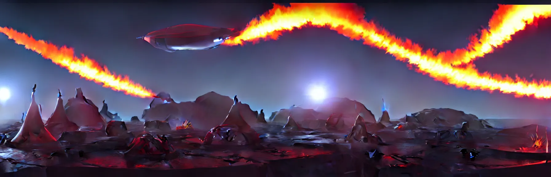Image similar to sci - fi high tech tents are on fire. mighty futuristic zeppelins hover in the sky above you, cruise missile strikes, a little further away, a camp is bombarded from the air, intricate and epic concept art, highly detailed, 8 k, cinematic ; artstation, unreal engine 5
