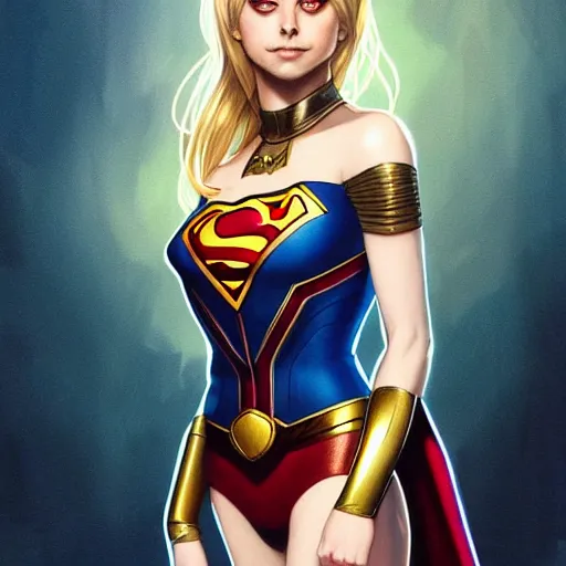 Prompt: Willa Holland with blonde hair as Super Girl, western, D&D, fantasy, intricate, elegant, highly detailed, digital painting, artstation, concept art, matte, sharp focus, illustration, art by Artgerm and Greg Rutkowski and Alphonse Mucha