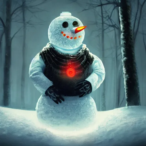 Image similar to a snowman, half made out of cyborg parts, with one glowing red eye, with an evil smile on his face, in the middle of a snow forest, dynamic lighting, photorealistic fantasy concept art, trending on art station, stunning visuals, creative, cinematic, ultra detailed