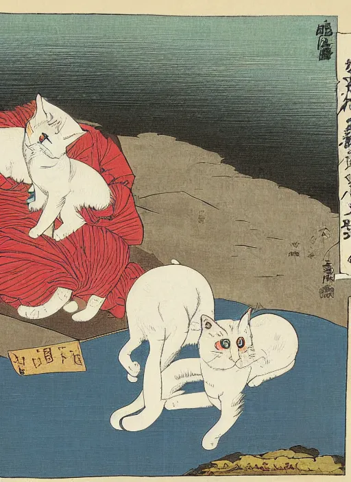 Image similar to whitecat with 2 baby white cats of utagawa hiroshige, digital painting 4 k uhd image, highly detailed