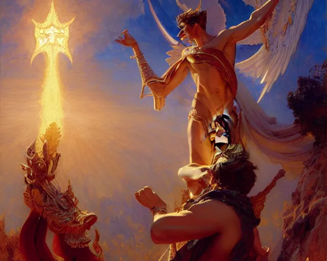 Image similar to attractive pagan male deity, summoning handsome lucifer morning star. highly detailed painting by gaston bussiere, craig mullins, j. c. leyendecker 8 k