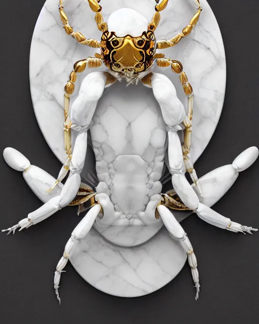 Image similar to symmetry, white marble bas relief sculpture of a white marble crab woman made of white marble crabs and spiders and scorpions, white marble with interacte gold wire inlay, art nuevo, octane, 8 k, hdr, art by hr geiger and ridley scott and alphonse mucha, trending on artstation