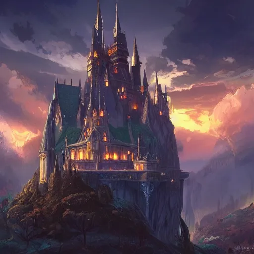 Prompt: An imposing and highly ornamented fantasy castle, Carved from Sapphire stone, Atmosphere, Dramatic lighting, Beautiful Landscape, Epic composition, Wide angle, by Makoto Shinkai