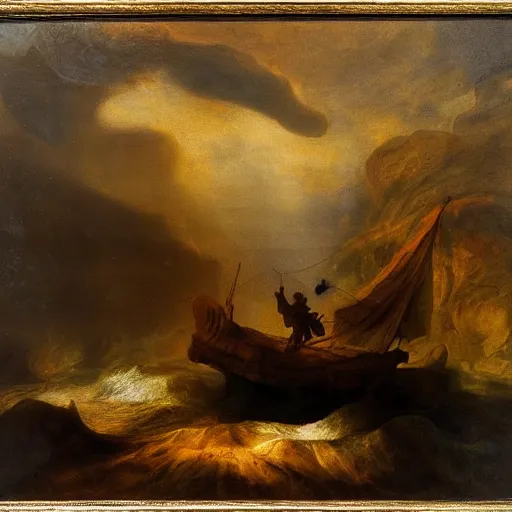 Prompt: anomalocaris swimming at tempestuous sea, rembrandt baroque painting, dutch golden age painting, ludolf backhuysen sea painting, mysterious, ambient light, dramatic light, soft colours, oil on canvas
