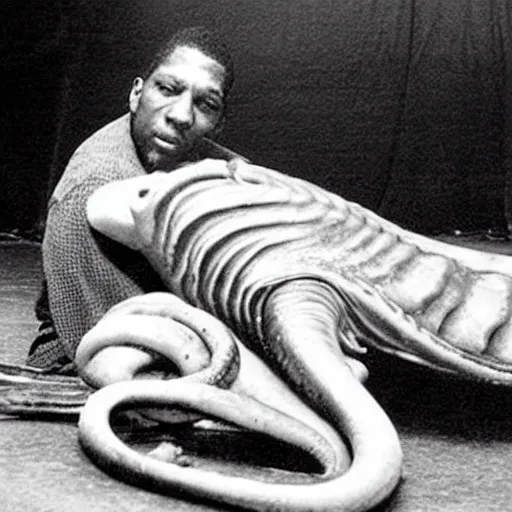 Image similar to john coltrane snuggling a giant squid