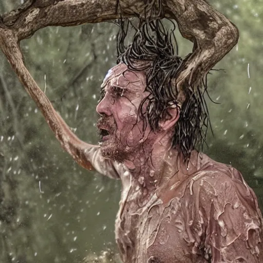 Image similar to The performance art shows a man caught in a storm, buffeted by wind and rain. He clings to a tree for support, but the tree is bent nearly double by the force of the storm. The man's clothing is soaked through and his hair is plastered to his head. His face is contorted with fear and effort. magenta by Alexej von Jawlensky, by Jamie Hewlett unplanned, defined