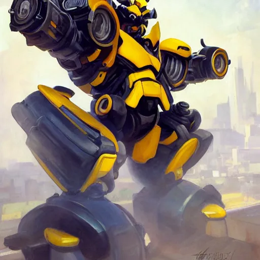 Image similar to greg manchess portrait painting of bumblebee the transformer as overwatch character, medium shot, asymmetrical, profile picture, organic painting, sunny day, matte painting, bold shapes, hard edges, street art, trending on artstation, by huang guangjian, gil elvgren, ruan jia, greg rutkowski, gaston bussiere