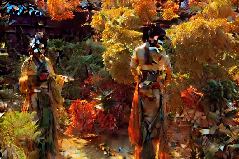 Image similar to wuxia, autumn, garden, neon light, painting by gaston bussiere, craig mullins, j. c. leyendecker