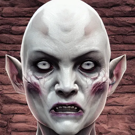 Prompt: portrait painting of a female demon with bone spike armor, grey stone skin made of brick, fangs showing, bald no hair, tattoos on forehead, unsettling, terrifying, horror, wearing flowing purple satanic robes D&D, fantasy, intricate, highly detailed, digital painting, artstation, concept art, smooth, sharp focus, illustration, art by artgerm and greg rutkowski and alphonse mucha