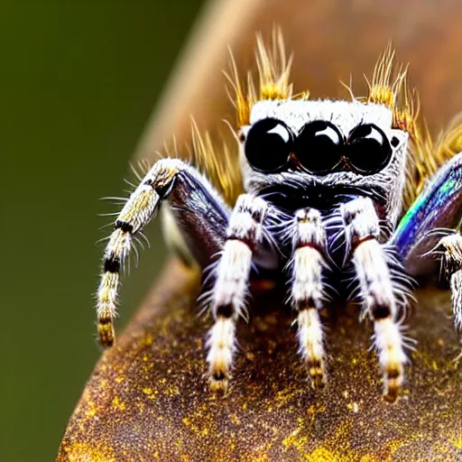 Image similar to a jumping spider, using a miniature computer keyboard, by pixar, macro lens, iridescent