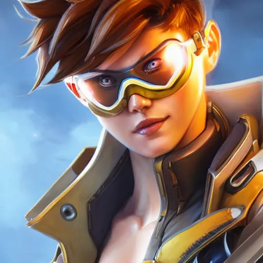 Image similar to tracer overwatch portrait, close up, concept art, intricate details, highly detailed photorealistic portrait by michael komarck, joel torres, seseon yoon, artgerm and warren louw