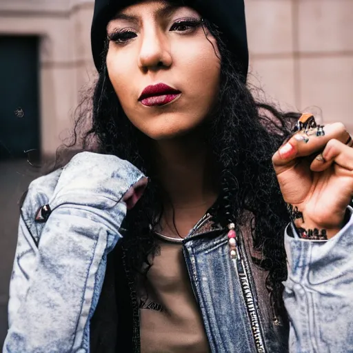 Image similar to photograph portrait of a mixed woman with face tattoos smoking a cigarette wearing a black beanie and black bomber jacket, urban environment, depth of field, 8k, hd, award-winning, 82 mm sigma