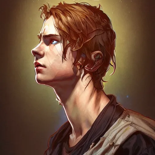 Image similar to character concept portrait, symmetrical head-on centralized, tired young man wearing tattered clothes. Detailed, high quality, dynamic lightning, fantasy. Artwork by Artgerm, WLOP, Alex Ross, Greg Rutknowski, Alphonse Mucha