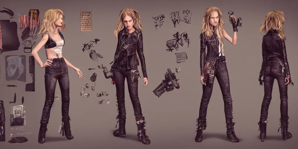 Image similar to halston sage as a punk rocker, character sheet, concept design, contrast, hot toys, kim jung gi, greg rutkowski, zabrocki, karlkka, jayison devadas, trending on artstation, 8 k, ultra wide angle, pincushion lens effect