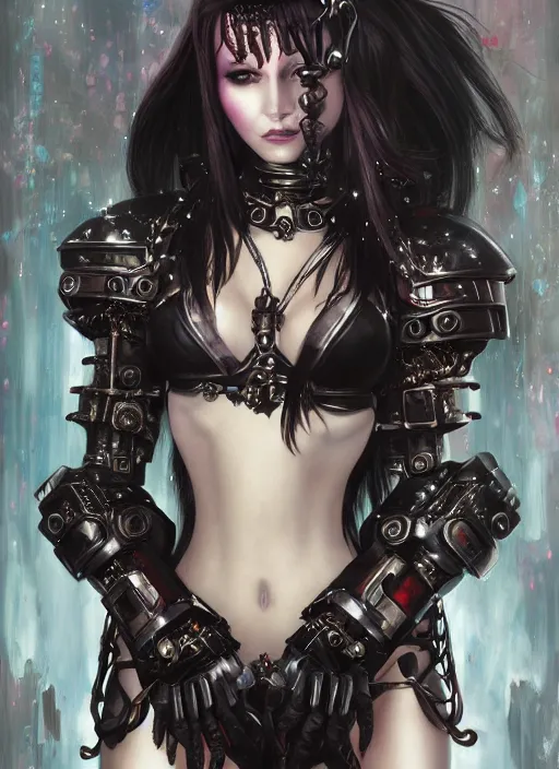 Image similar to portrait of cute beautiful young goth maiden in bikini armor, cyberpunk, Warhammer 40000, gothic, highly detailed, artstation, illustration, art by Gustav Klimt and Range Murata