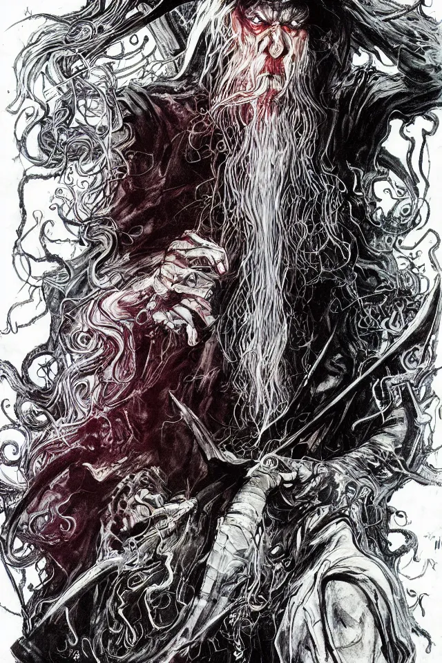 Prompt: graphic novel style, detailed, vantablack ink & copic markers, vibrant muted colors, disturbing grunge still of a [ lovecraftian demon infested ] [ gandalf ], by arthur adams, by tom bagshaw, by henry asencio, by kikuchi hideyuki