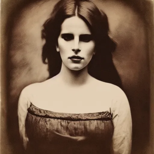 Prompt: tintype photo of lana del rey, by julia margaret cameron 1 8 8 0 s, realistic, body shot, sharp focus, 8 k high definition, insanely detailed, intricate, elegant