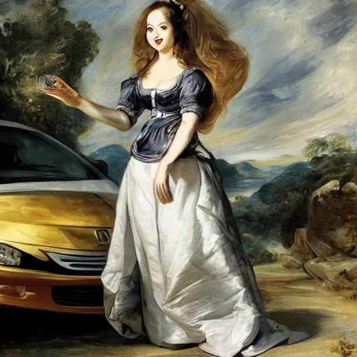 Image similar to heavenly summer sharp land sphere scallop well dressed lady standing next to a honda civic, auslese, by peter paul rubens and eugene delacroix and karol bak, hyperrealism, digital illustration, fauvist, standing next to a honda civic