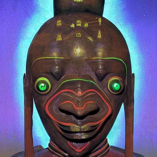 Prompt: a dogon priest wearing a large wooden mask with neon lights, manipulating dark matter in the third eye void space, by jeffrey smith and wayne barlowe