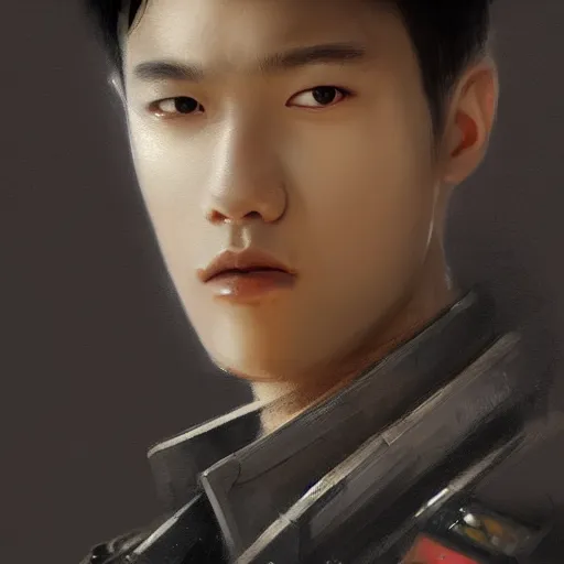 Prompt: Portrait of a man by Greg Rutkowski, he is about 20 years old, korean, short black hair, young, manly, attractive, tall and slim, smart looking, he is wearing futuristic military fatigues, highly detailed portrait, scifi, digital painting, artstation, concept art, smooth, sharp foccus ilustration, Artstation HQ