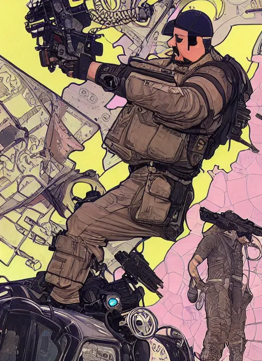 Image similar to cyberpunk paul blart fighting shoplifter. portrait by ashley wood and alphonse mucha and laurie greasley and josan gonzalez and james gurney. spliner cell, apex legends, rb 6 s, hl 2, d & d, cyberpunk 2 0 7 7. realistic face. vivid color. dystopian setting.