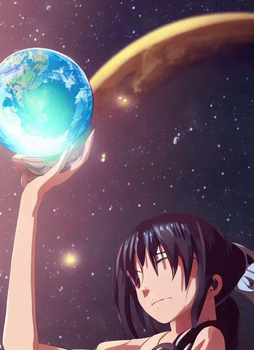 Prompt: a gigantic anime girl in outer space holding a planet in her hand. Anime, Makoto Shinkai, trending on ArtStation, digital art.