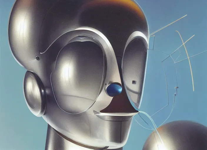 Image similar to a portrait headshot of sci fi metallic human, bright eyes, melancholic complex geometric figure liminal biomachinery by oskar schlemmer, moebius, john berkey, film grain, oil on canvas, portrait facial head, featured on artstation, hd wallpaper, 8 k, bright colors, global radiant light