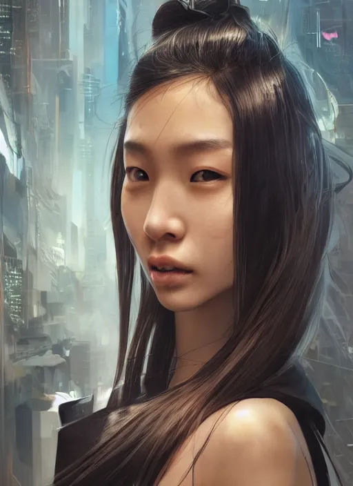 Image similar to portrait of angelababy, futuristic hong kong police uniform girl, shadowrun au naturel, hyper detailed, digital art, trending in artstation, cinematic lighting, studio quality, smooth render, unreal engine 5 rendered, octane rendered, art style by klimt and nixeu and ian sprigger and wlop and krenz cushart