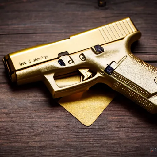 Image similar to a medium shot photograph of a gold glock 18 on a wooden background