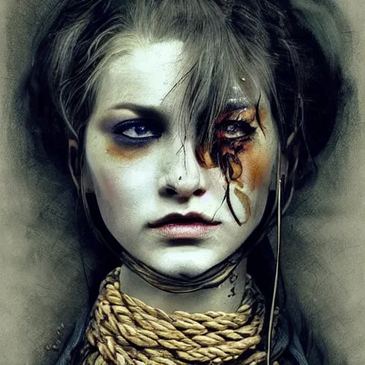 Image similar to portrait of a Shibari rope wrapped face and neck, headshot, insanely nice professional hair style, dramatic hair color, digital painting, of a old 18th century, tourist, witch, amber jewels, baroque, ornate clothing, scifi, realistic, hyper detailed, child, chiaroscuro, concept art, art by Franz Hals and Jon Foster and Ayami Kojima and Amano and Karol Bak,