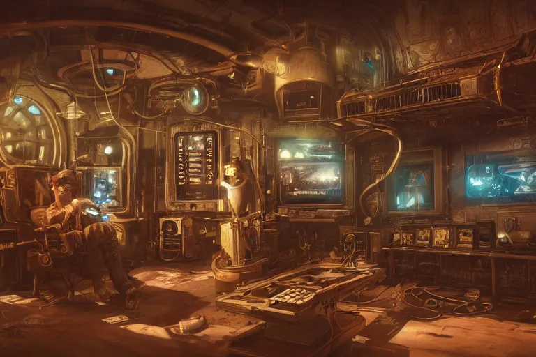 Prompt: interior of a steampunk videoclub, 3d scene, render, ultra realistic, zenith view, Greg Rutkowski, artstation, cgsociety, level design, unreal engine, 3d scene, render, ultra realistic, zenith view, Enki Bilal style