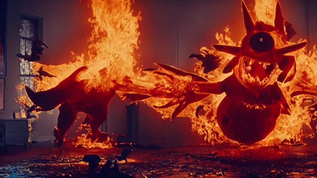 Image similar to a giant pokemon made of blood and fire floats through the living room, film still from the movie directed by Denis Villeneuve with art direction by Salvador Dalí, wide lens