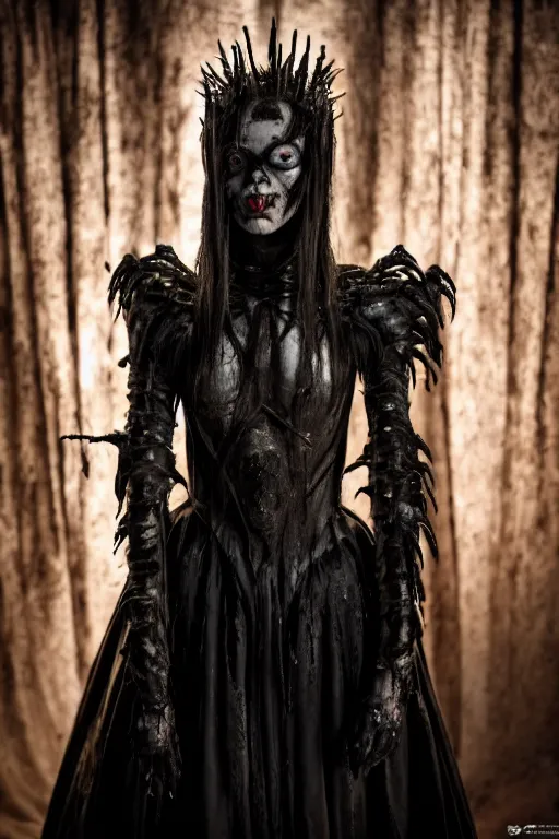 Prompt: dressed anya taylor - joy, a sinister demonic queen of cenobites, symmetrical, cinematic, terrific, demonic atmosphere, professional studio light, real dlsr photography, sharp focus, costume made by clive barker, real rotten flesh and blood, 4 k, ultra hd, sense of awe