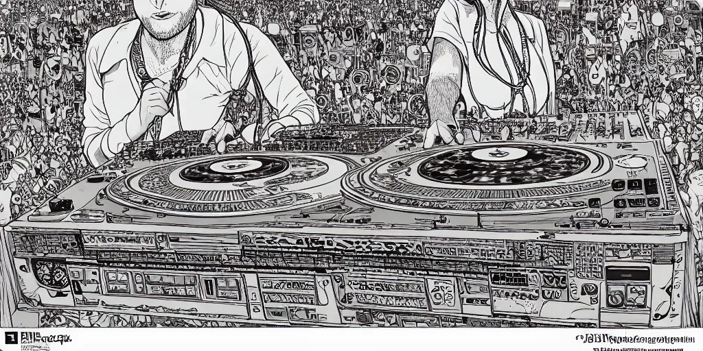 Prompt: intricate detailed artwork of a cute caracal dj playing in Ibiza in front of thousands of beautiful female women dancing , in the style of Geof Darrow, no hair, sunglasses, beard, wires, speakers, neon